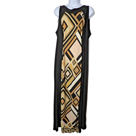 R& M Richards Dress 14W Black Maxi Sleeveless Geometric Beachy Boho Summer Vacay - Picture 2 of 13